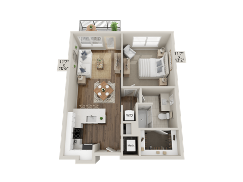 Floor plan for 1 bed, 1 bath, 751 sqft